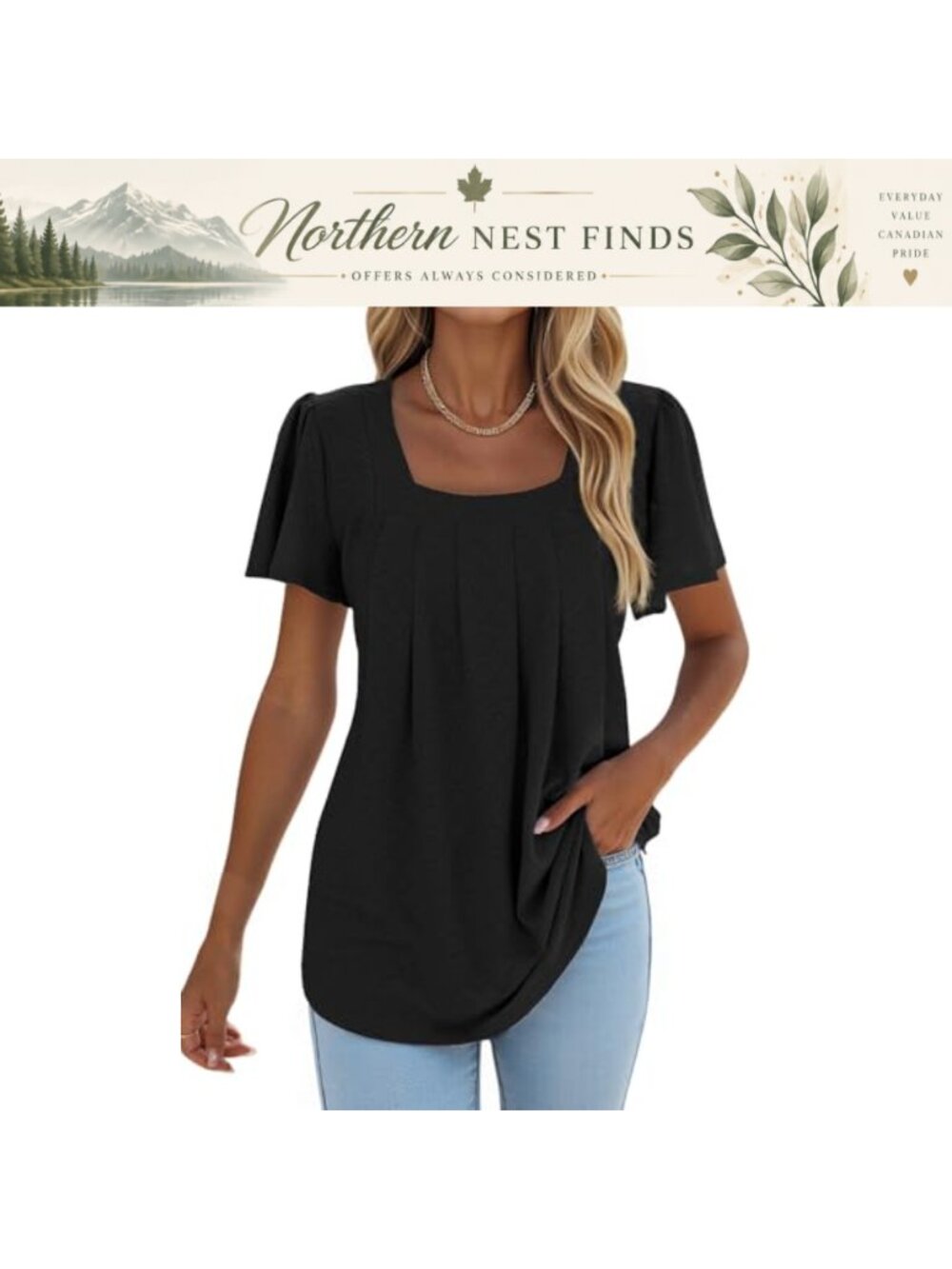 Pleated Square Neck Ruffle Sleeve Tunic Top